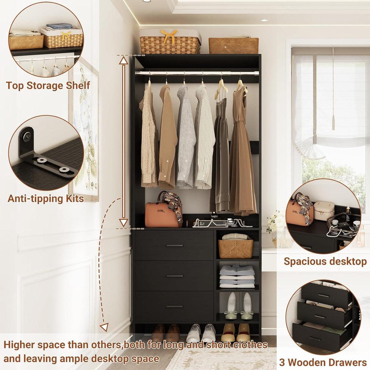 Aheaplus 2.5FT Closet System with 3 Drawers, 29.5’’ Closet Organizer, Wood Closet Organizer System