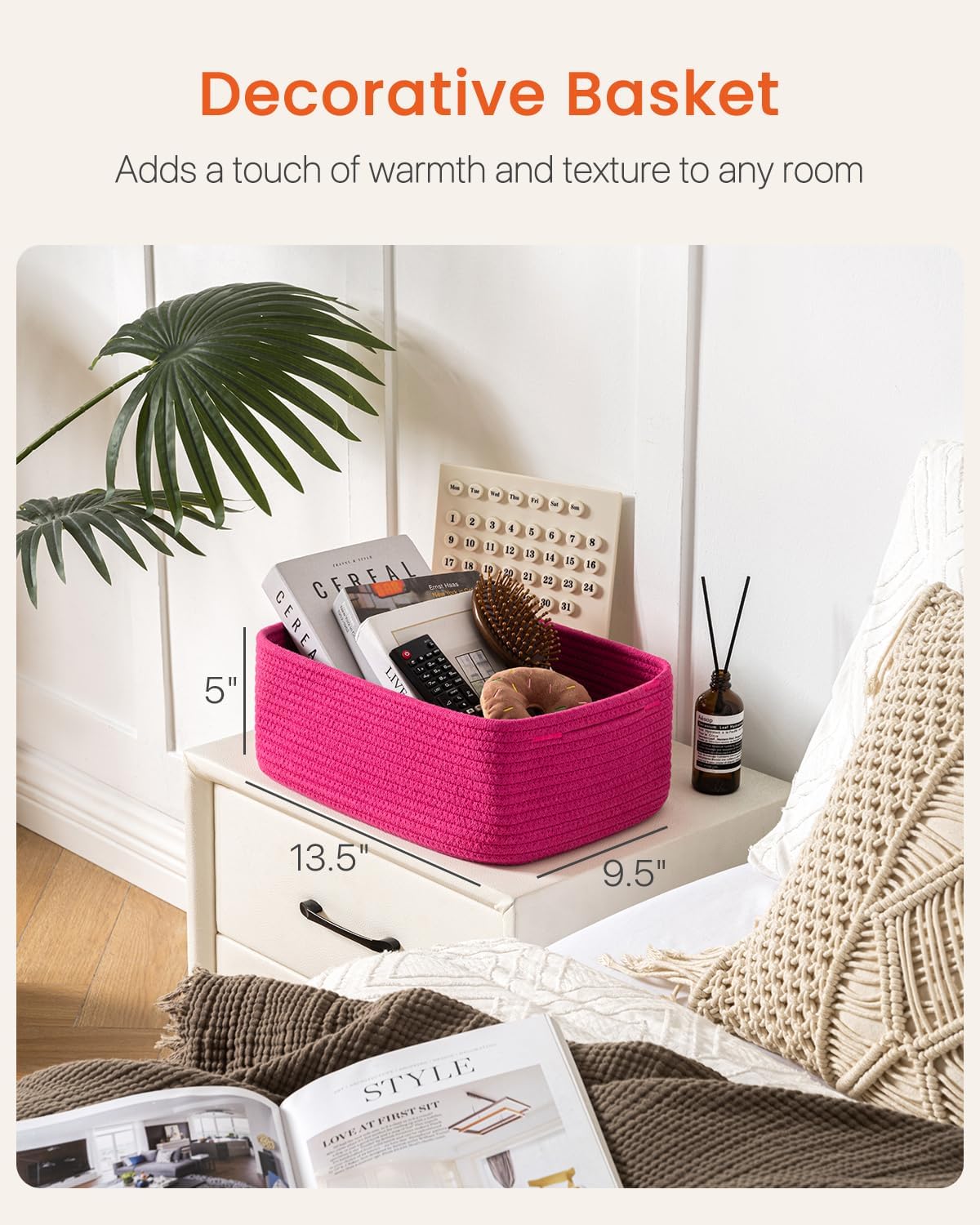 Small Woven Basket, 13.5 x 9.5 x 5 Inches, Storage Basket for Organizing, Cute Small Rope Shelf