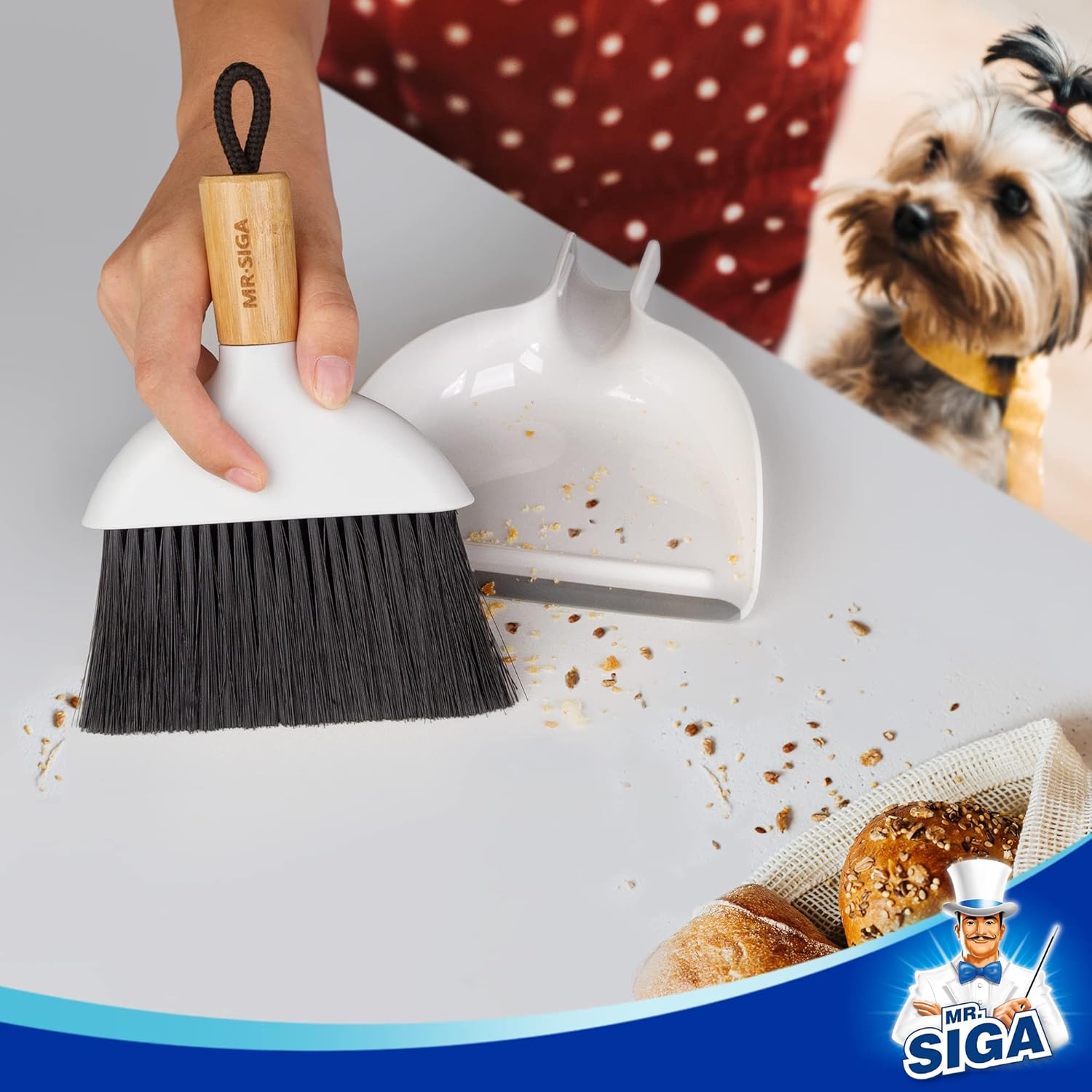 MR.SIGA Mini Dustpan and Brush Set, Portable Cleaning Brush and Dustpan Combo with Bamboo Handle, 1