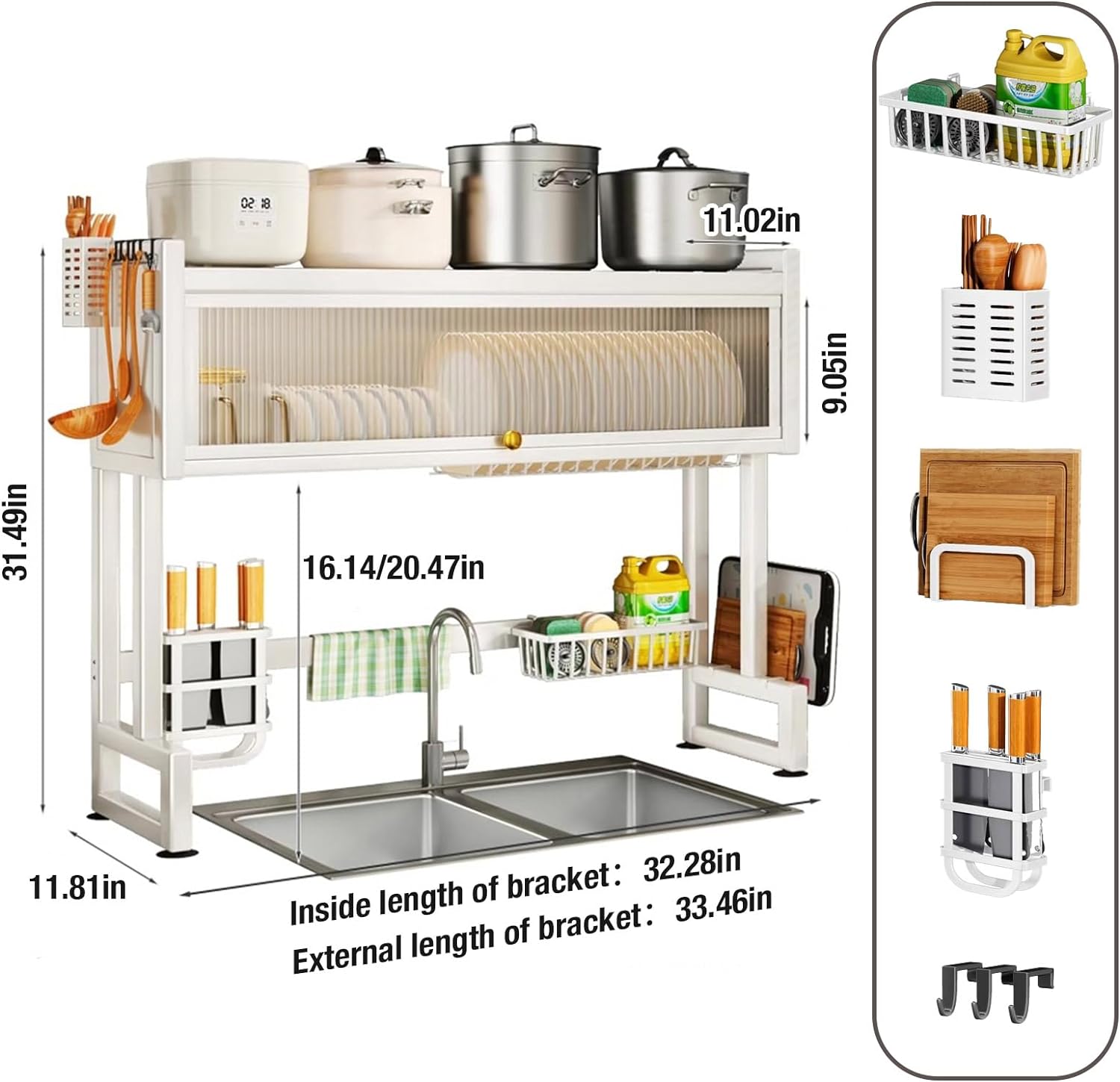 Milkshake White 3 Tier Over Sink Dish Rack Drainer with Cover - Space-Saving Organized Drying Rack