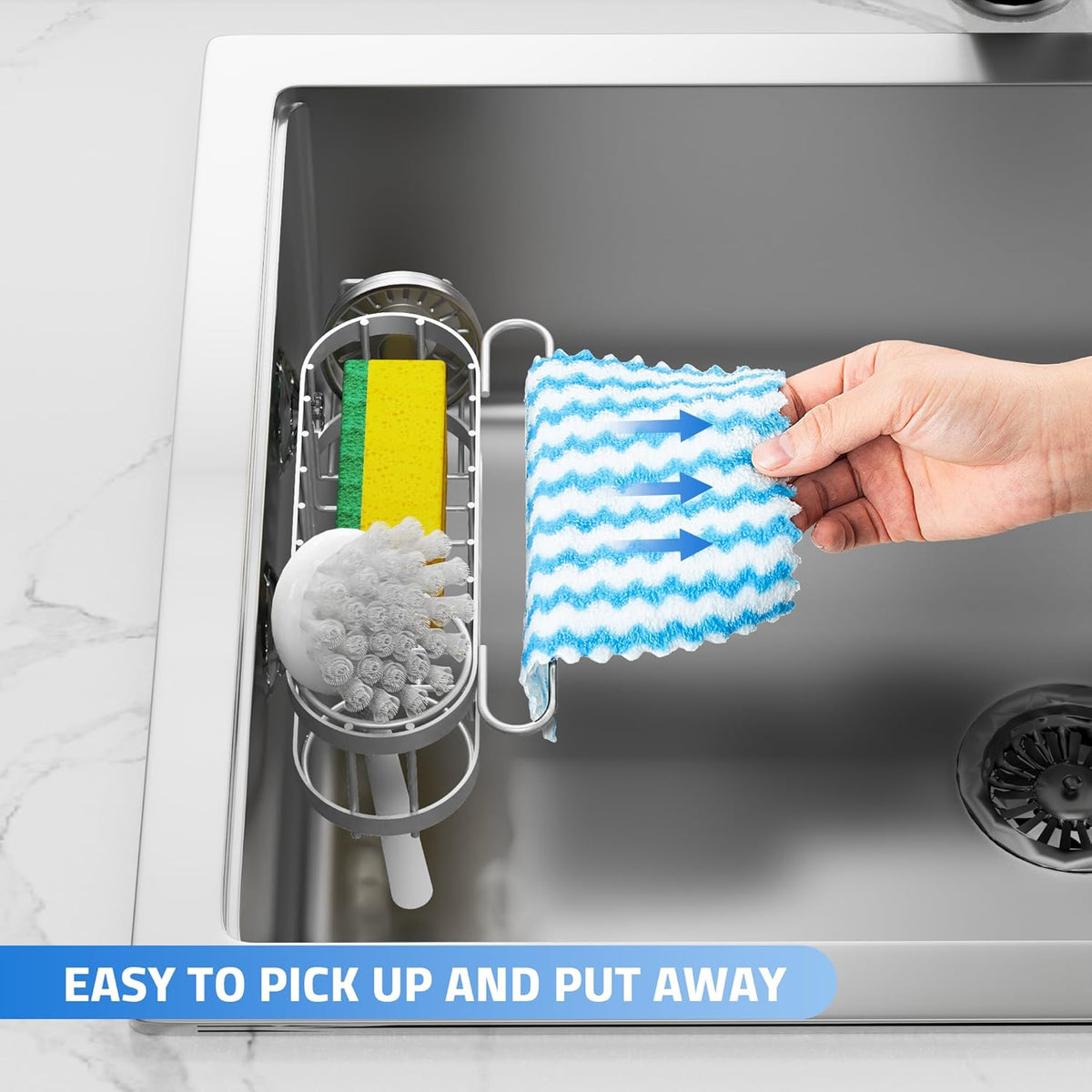 Cisily Grey Kitchen Sink Caddy Sponge Holder in the Sink, Stainless Steel Kitchen Organizer, Brush