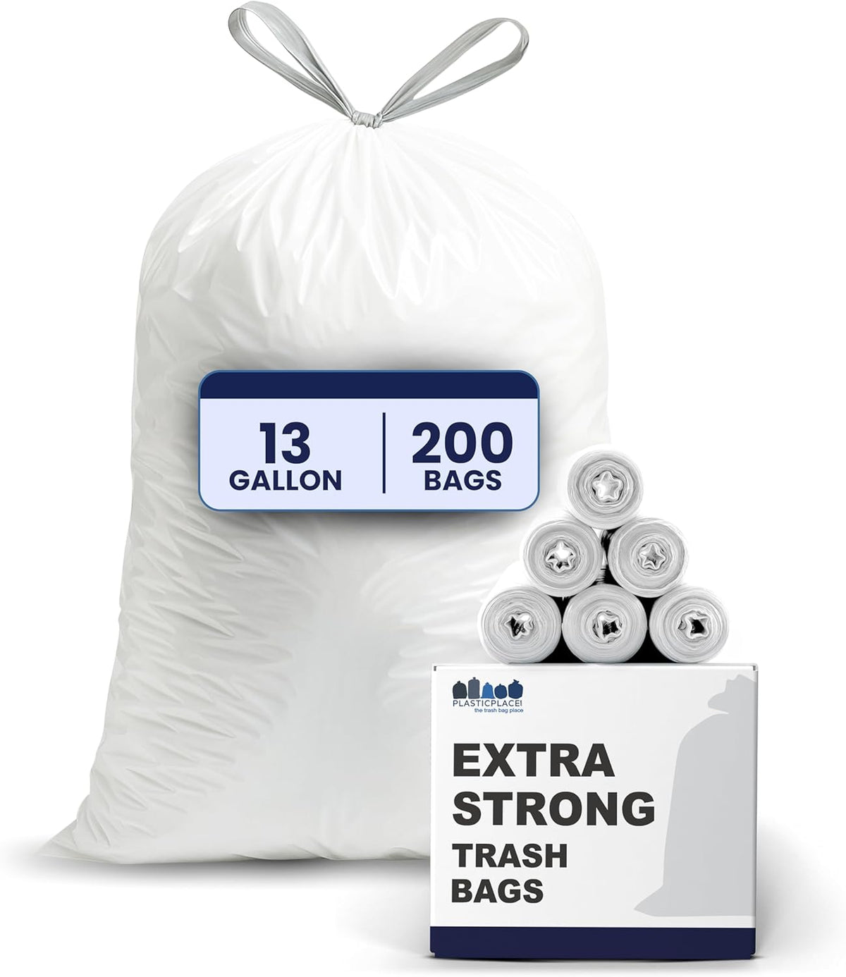 Plasticplace 13 Gallon Trash Bags â”‚ 1.2 Mil â”‚ White Drawstring Garbage Can Liners â”‚ 24" x