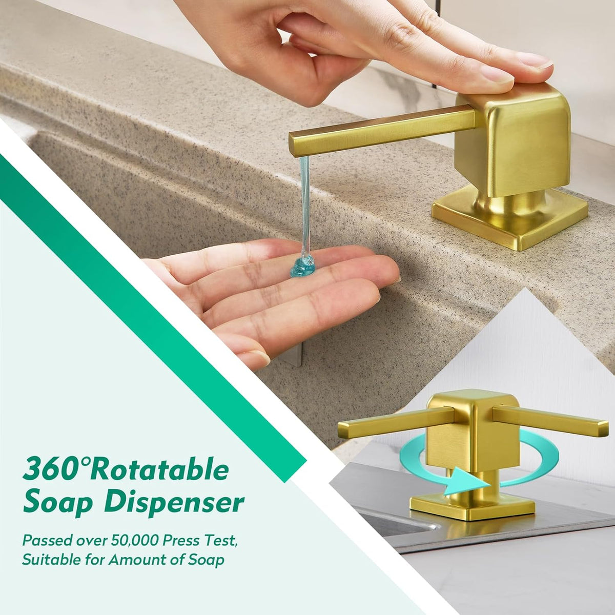 CREA Brushed Gold Soap Dispenser for Kitchen Sink, Kitchen Soap Dispenser Gold Square Built in Sink