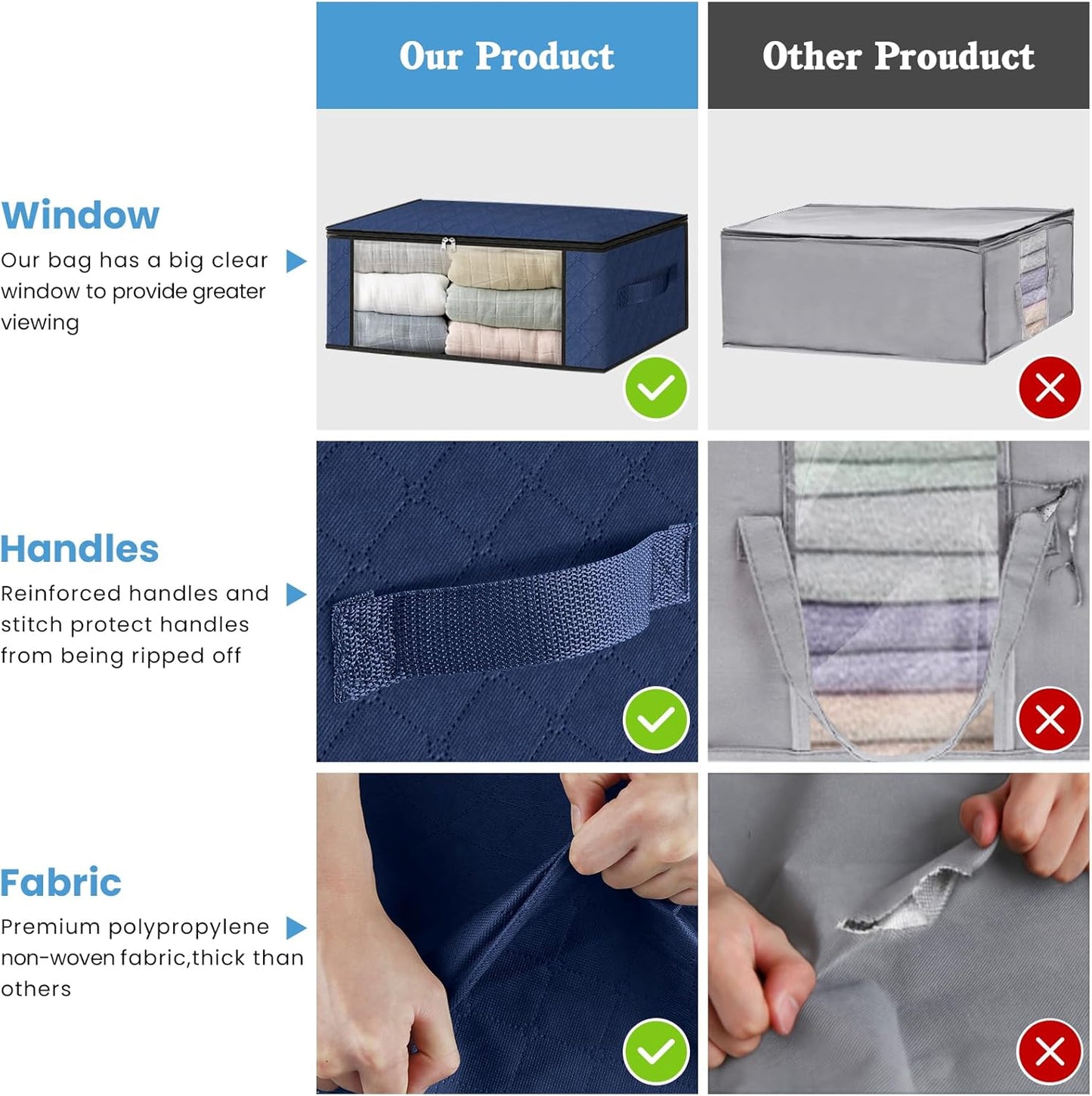 HomeHacks Storage 3-Pack Clothes Organizer Storage Bags Foldable Storage Box with Large Clear
