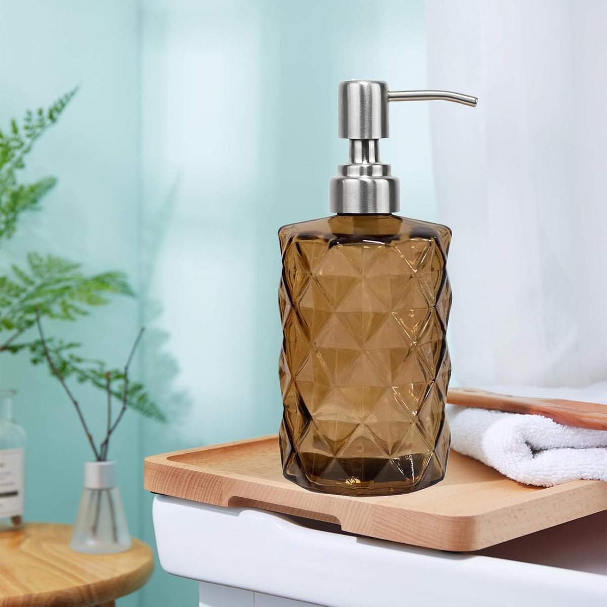 12Oz Brown Glass Soap Dispenser with Stainless Steel Pump, Refillable Kitchen Liquid Hand Soap