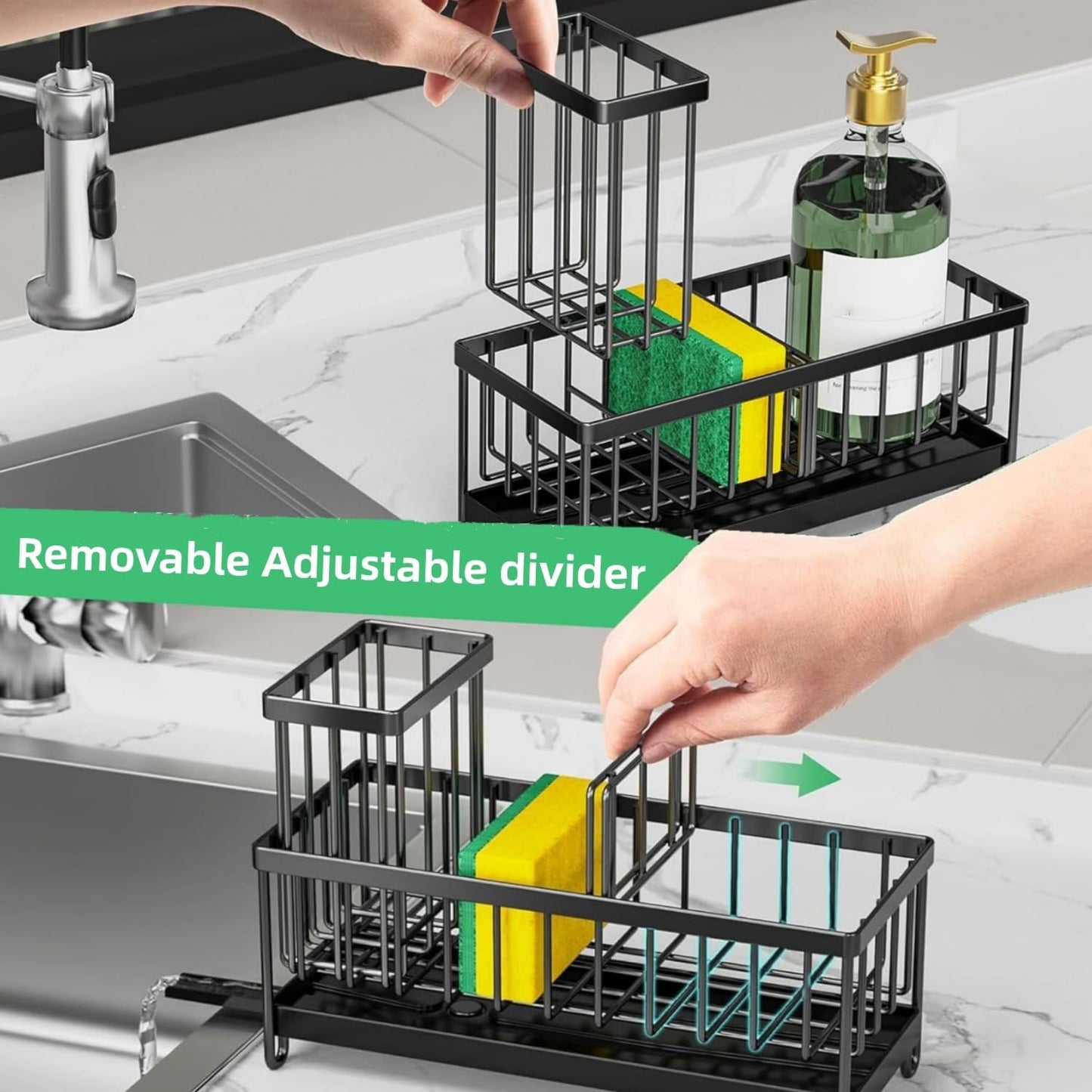 Sponge Holder for Kitchen Sink, Stainless Steel Sink Caddy with Auto Drain Tray, Kitchen Organizer