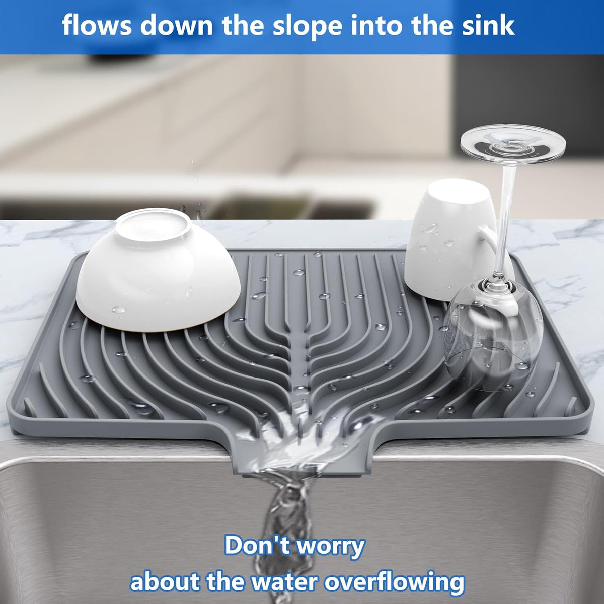 Kitchen Drying Mat for sink with a bulged edge,18"×12"Silicone Dish Drying Mat with built-in Drain