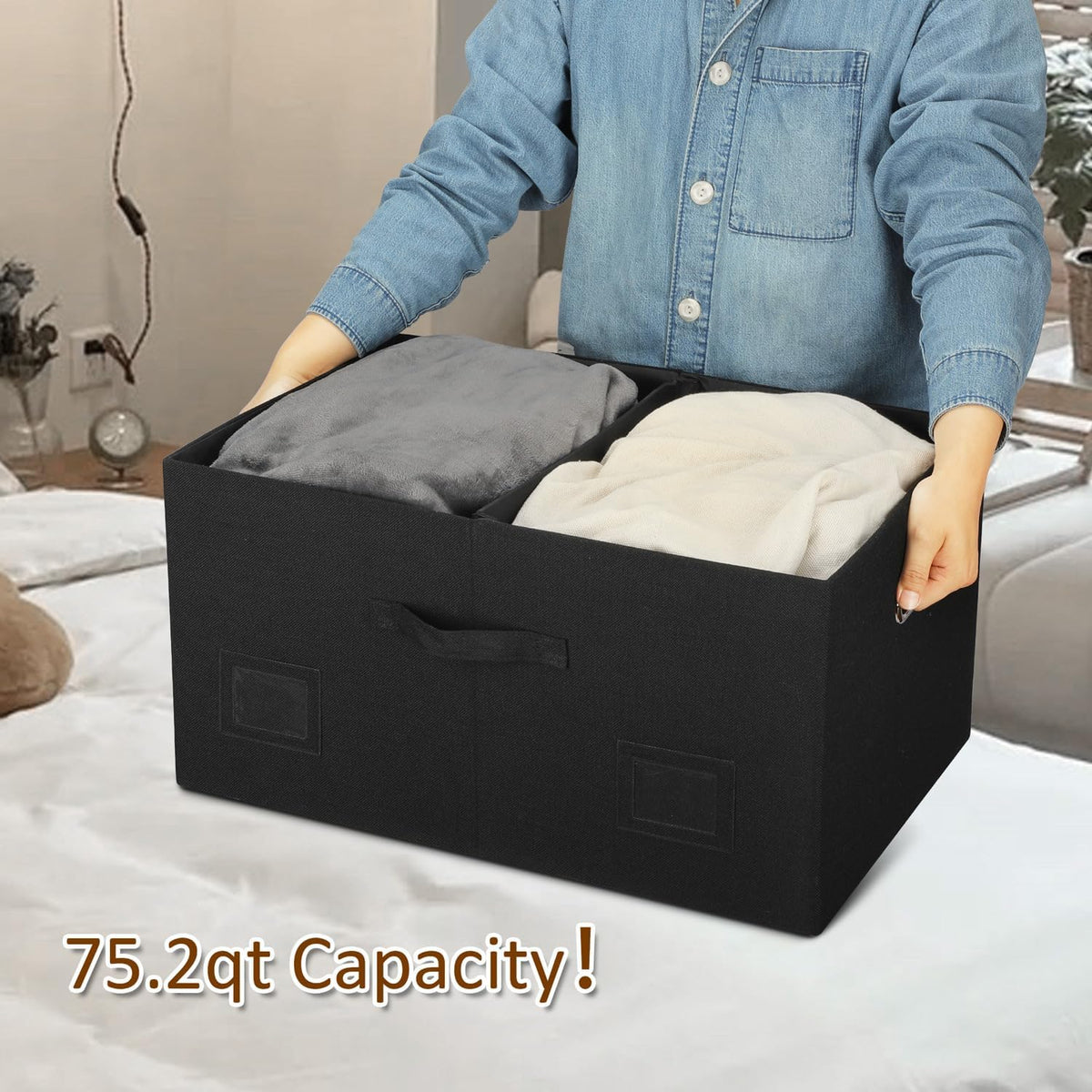 75 Quarts Extra Large Decorative Storage Bins with Lids, 3 Packs Black Collapsible Storage Bins