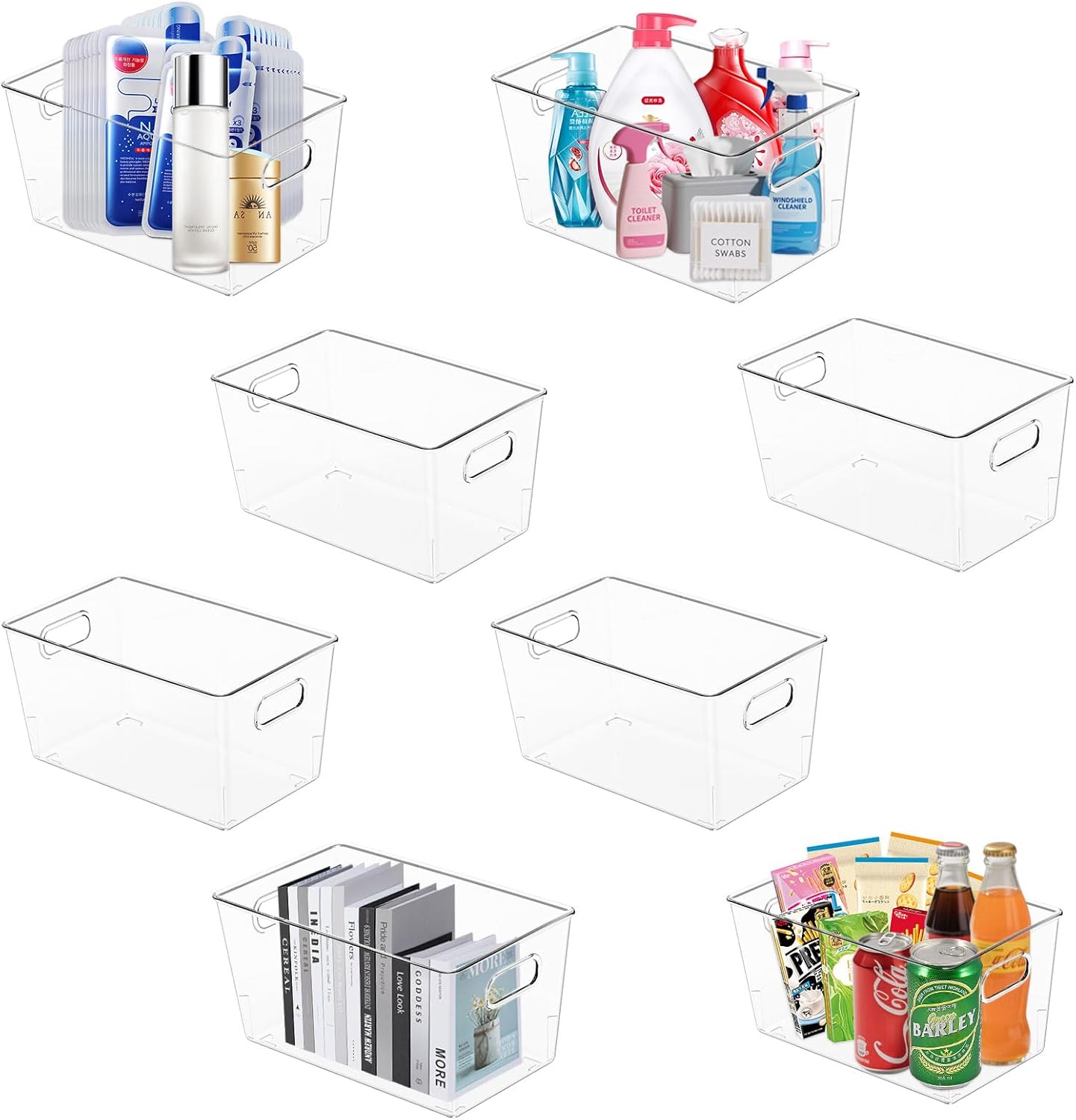 MOONEDGE 8-Pack Clear Plastic Storage Bins — Open-Top PET Containers and Organizers, 11" x 8" x 6"
