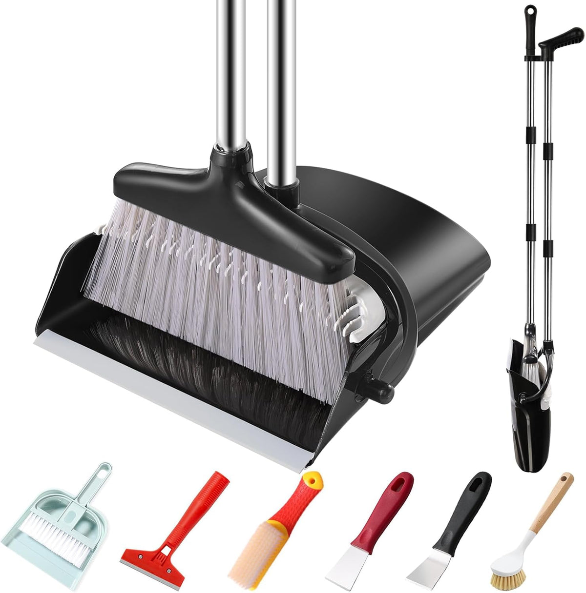 Broom and Dustpan Set with Long Handle and 6 Bonus Cleaning Tools, Upright Standing Combo with