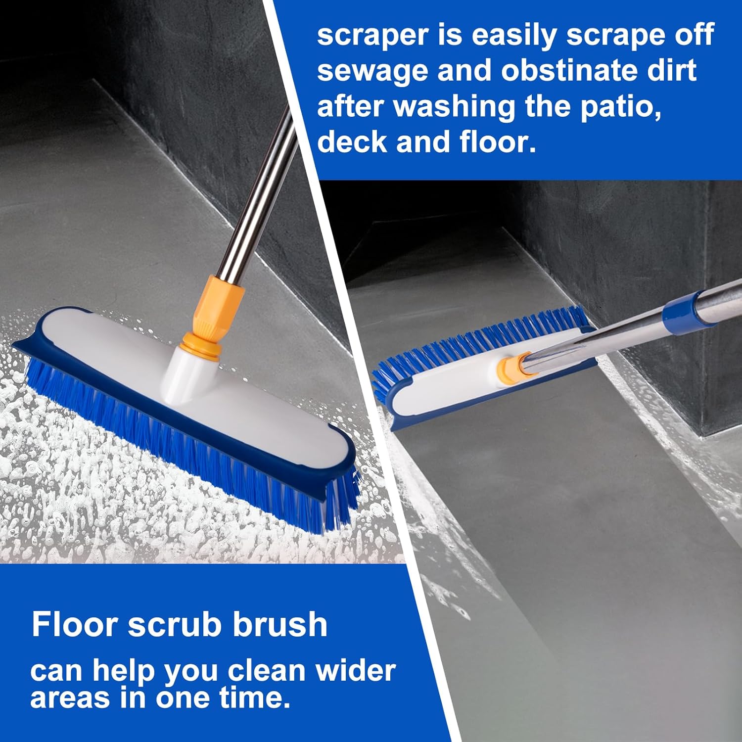 ITTAHO Floor Scrub Brush - 2 in 1 Deck Scrub Brush with Long Handle for Tile, Deck, Patio, Marble