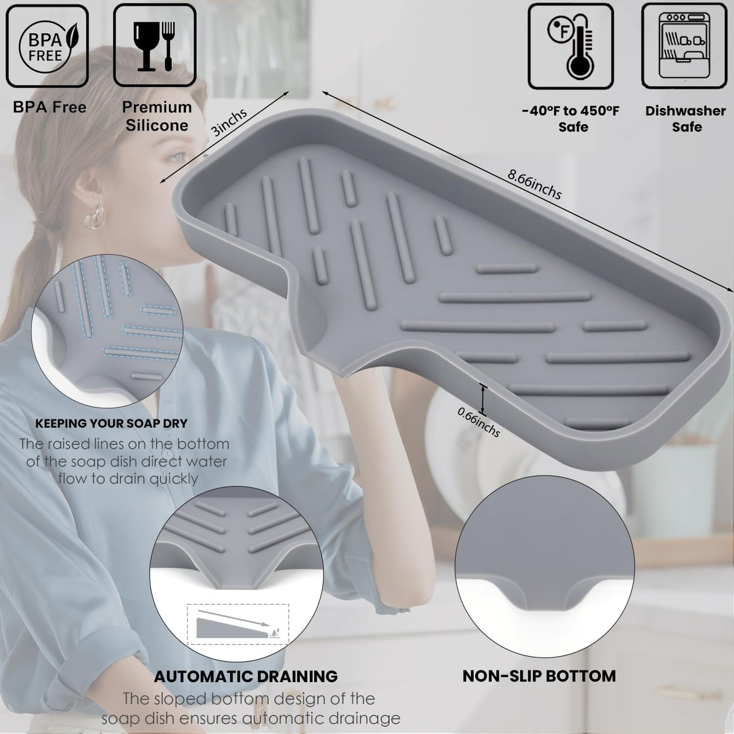 Silicone Bathroom Soap Dishes, Sponge Holder for Kitchen Sink, Shower Soap Holder with Drain, Soap