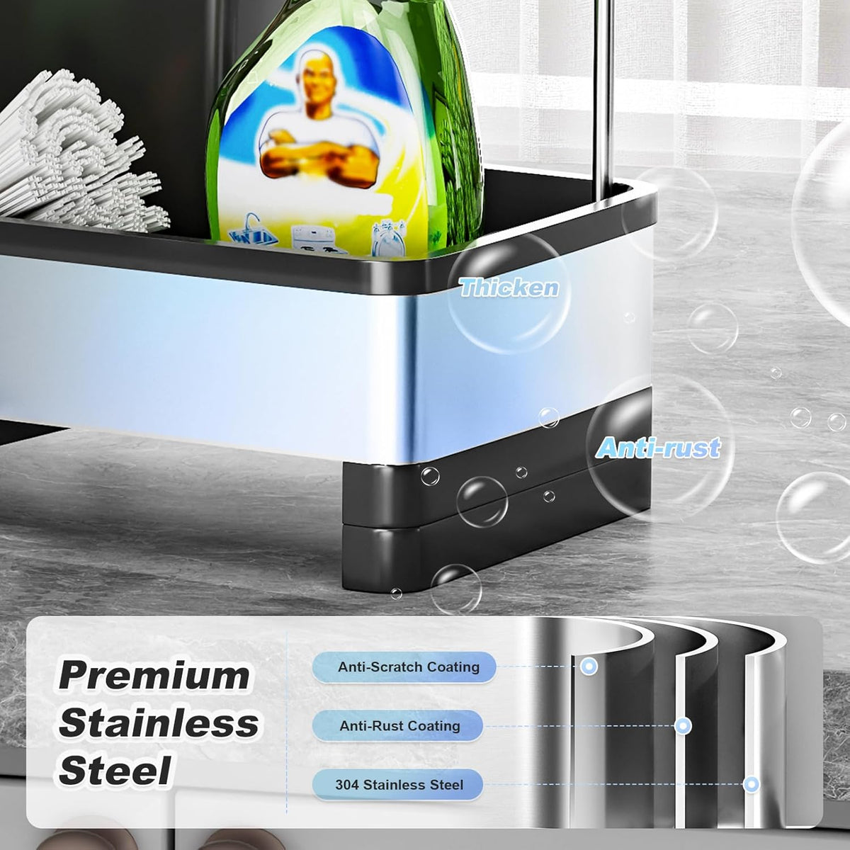 Stainless Steel Sink Caddy, Sponge Holder for Kitchen Sink with Brush Holder & Dishcloth Rack
