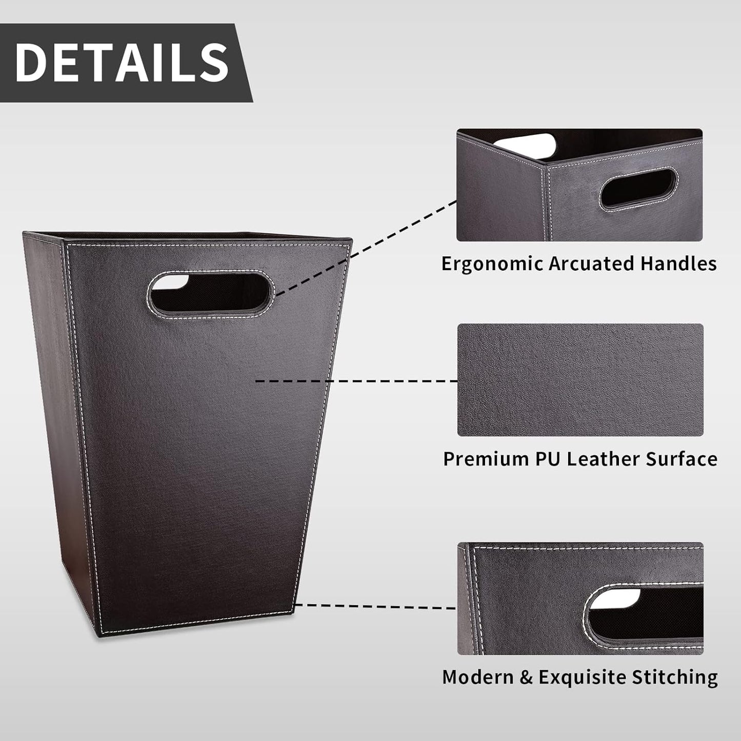 Leather Trash Can Bathroom Wastebasket, 16L/4.2 Gallon Office Garbage Can with Handles for Near