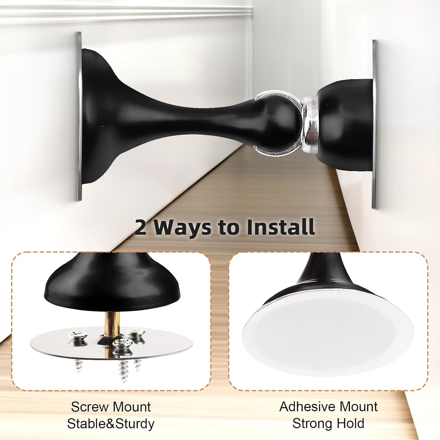 Probrico Black Magnetic Door Stoppers for Bottom of Door, Stainless Steel Magnet Door Catch Door