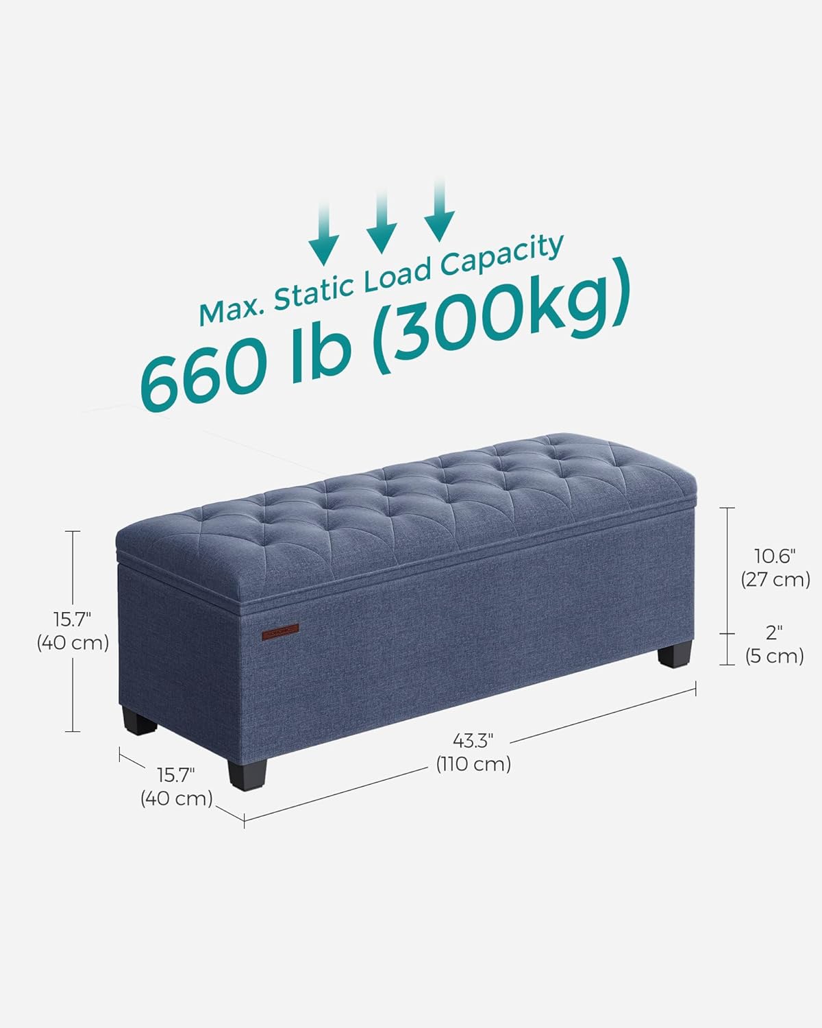 SONGMICS Storage Ottoman Bench, Foot Rest with Legs, 15.7 x 43.3 x 15.7 Inches, End of Bed Bench