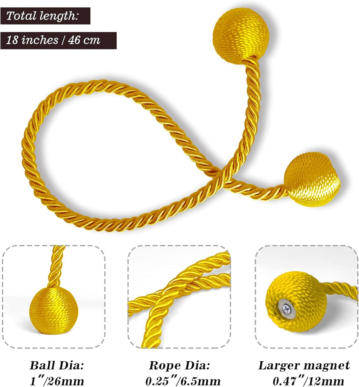 Hion Magnetic Curtain Tiebacks Golden 2pcs, Curtain Tiebacks Buckles Holdbacks Holders Hooks Clip