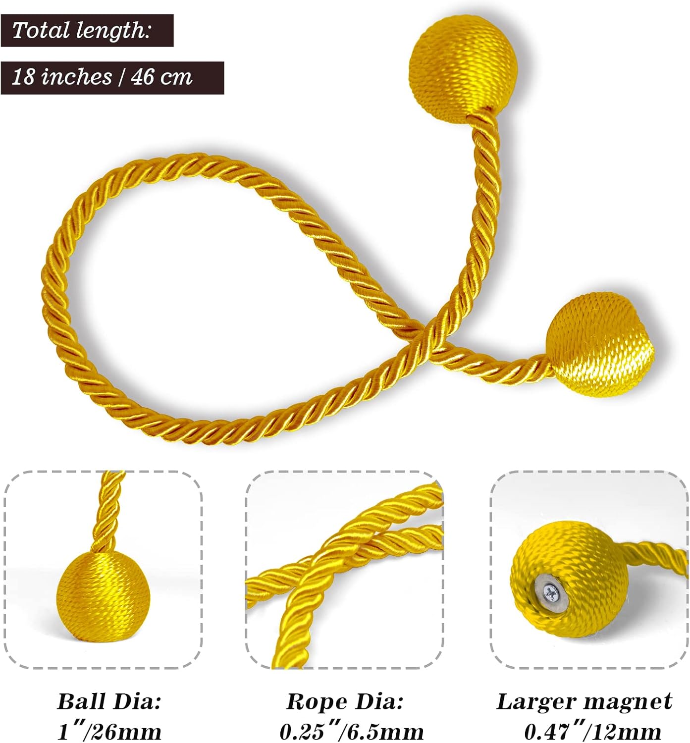 Hion Magnetic Curtain Tiebacks Golden 4 Pack, Curtain Tiebacks Buckles Holdbacks Holders Hooks Clip