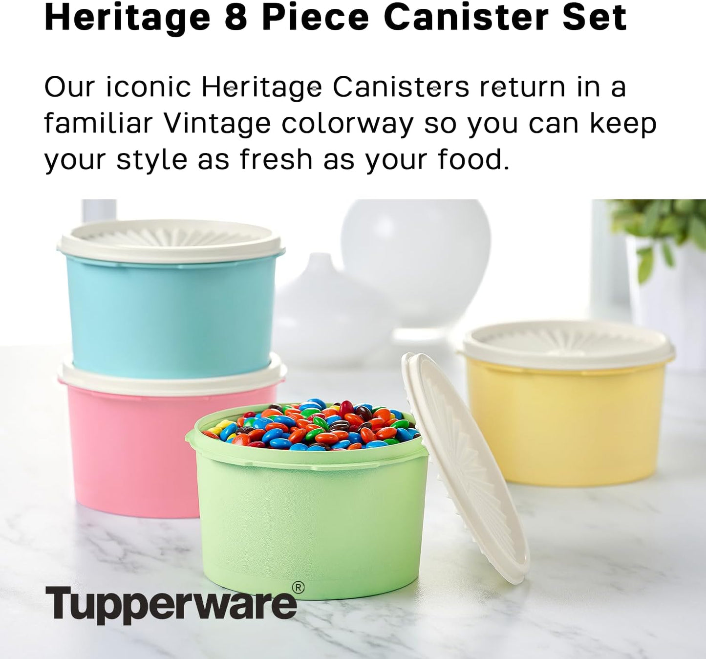 Tupperware Heritage Collection 8 Piece Food Storage Canister Set in Vintage Colors, Dishwasher Safe
