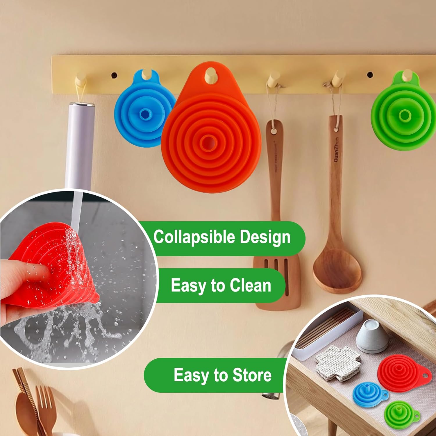 Kitchen Funnel Set of 6, Food Grade Foldable Small and Large Funnel Colorful Silicone Collapsible