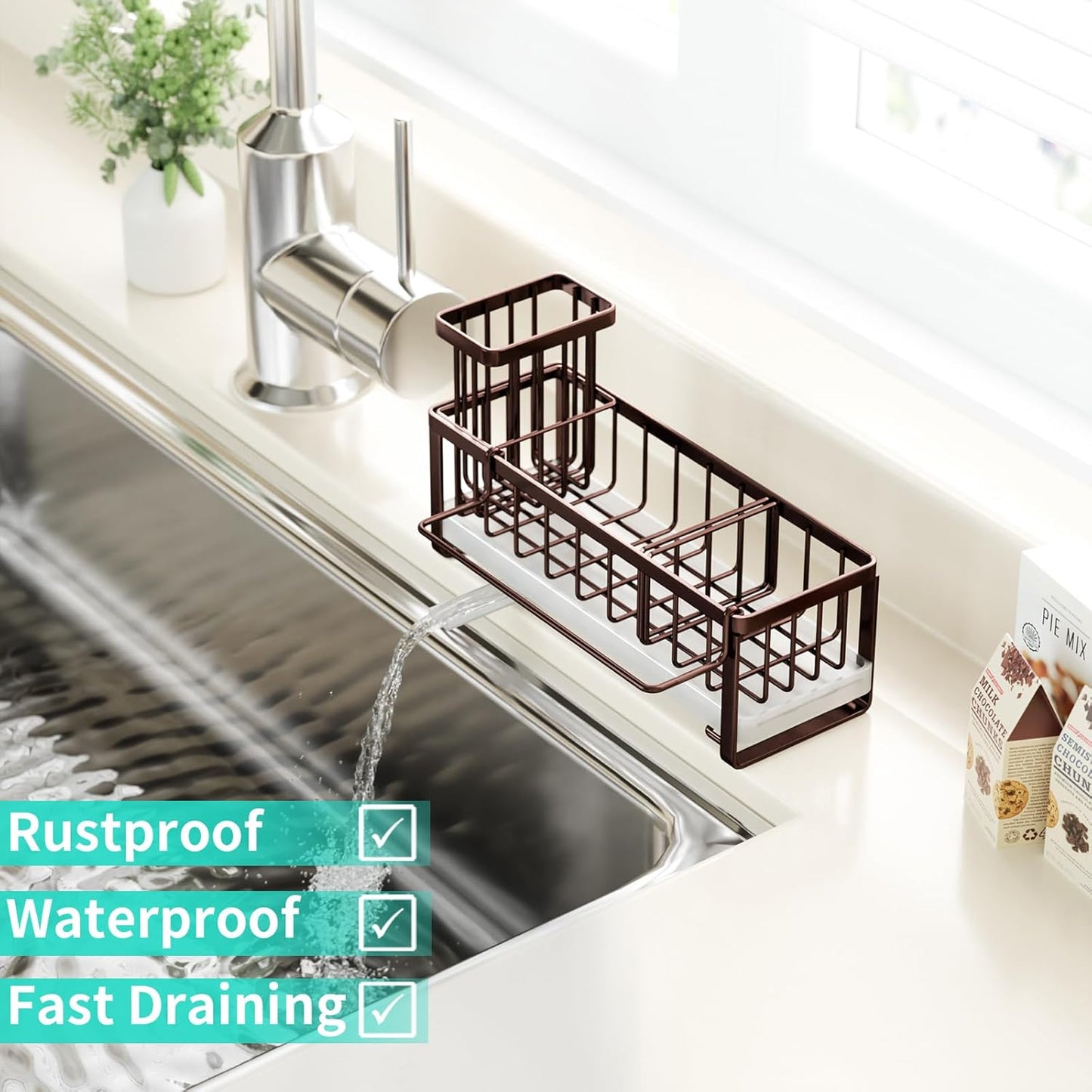 HapiRm Sponge Holder for Kitchen Sink - Self-draining Sink Caddy with Brush and Dishcloth Holders