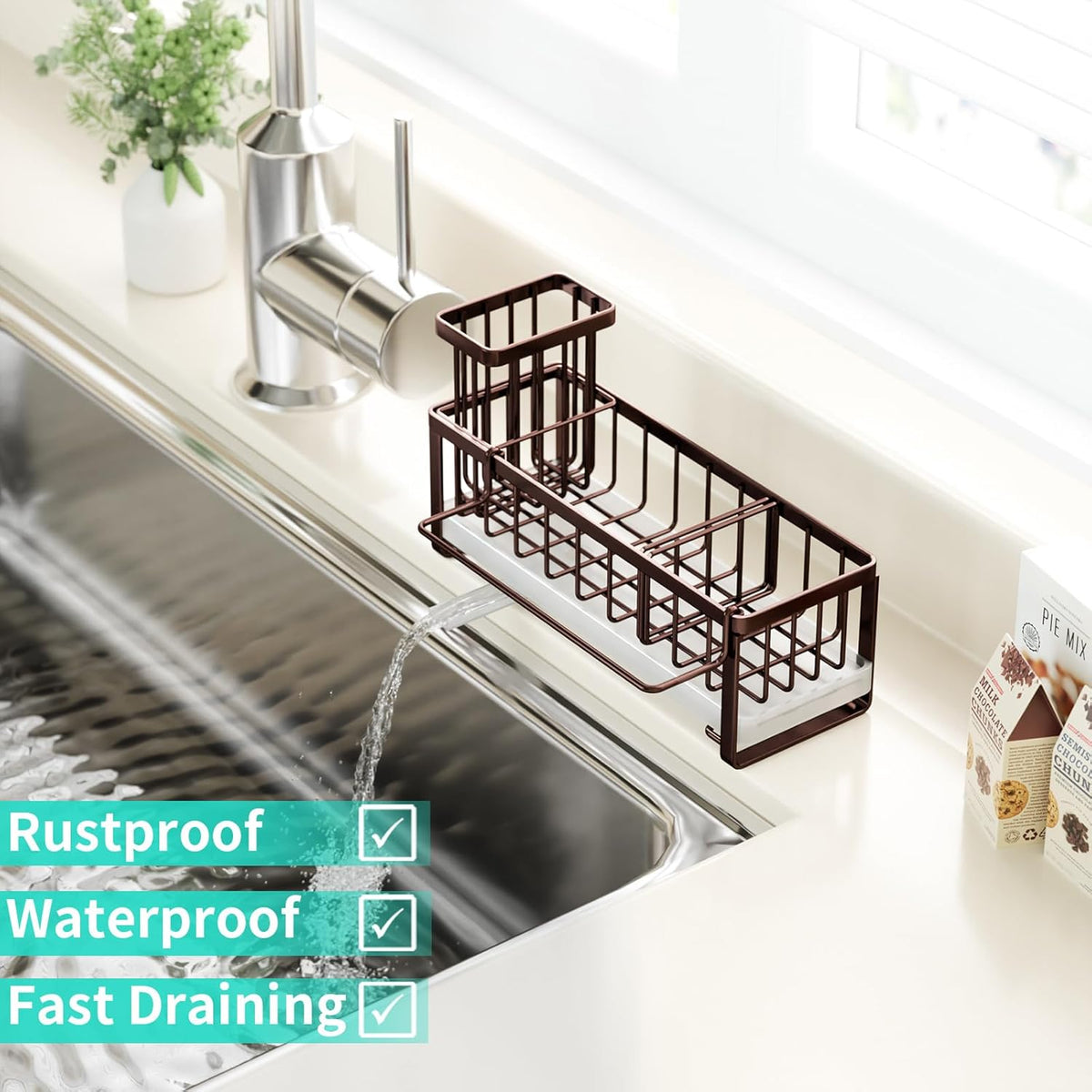 HapiRm Sponge Holder for Kitchen Sink - Self-draining Sink Caddy with Brush and Dishcloth Holders