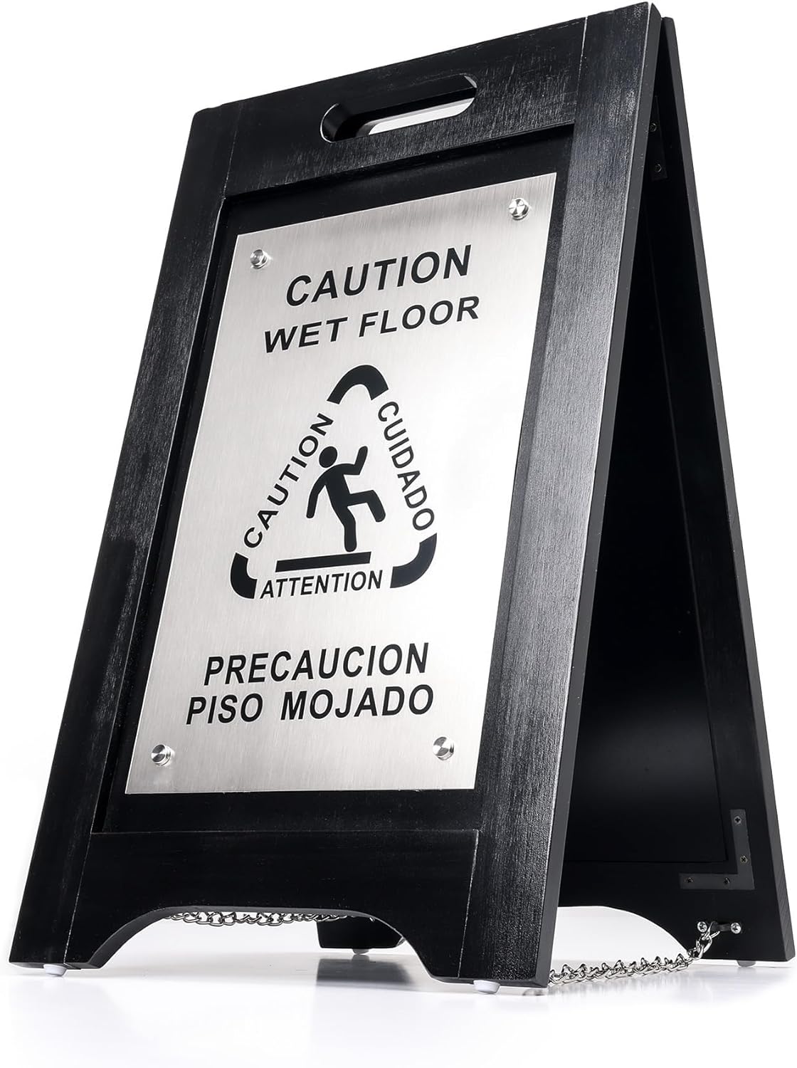 Premium Wooden Caution Wet Floor Sign – Bilingual w/ Non-Skid Plastic Feet – For Hotels, Schools