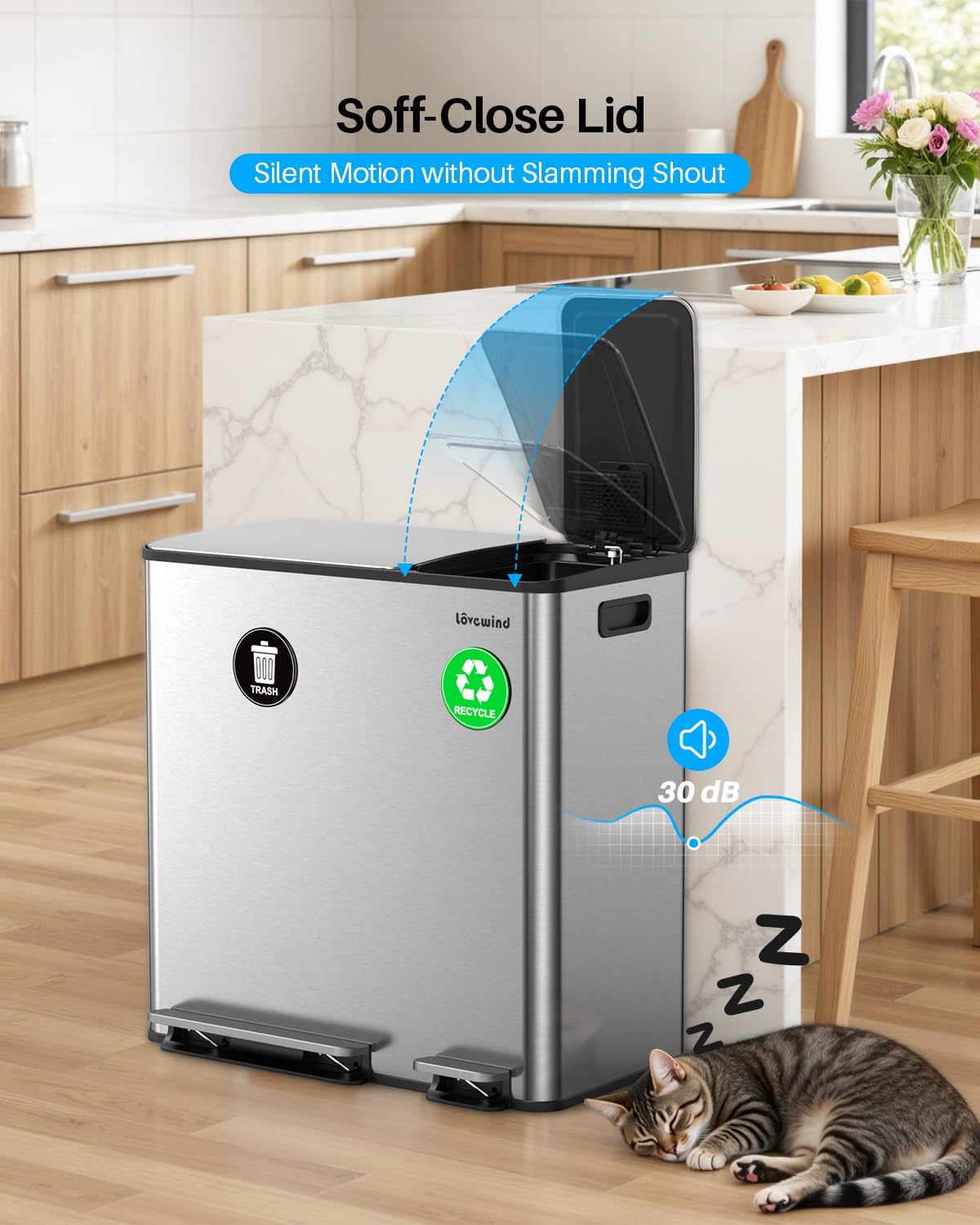 Dual Trash and Recycling Bins for Kitchen, 13.2 + 5.2 Gal (50+20L) Stainless Steel Trash and