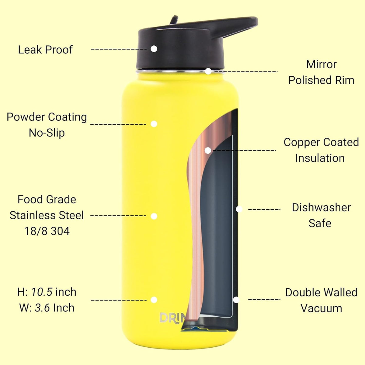 DRINCO Stainless Steel Water Bottle Spout Lid Vacuum Insulated Double Wall Water Bottle Wide Mouth