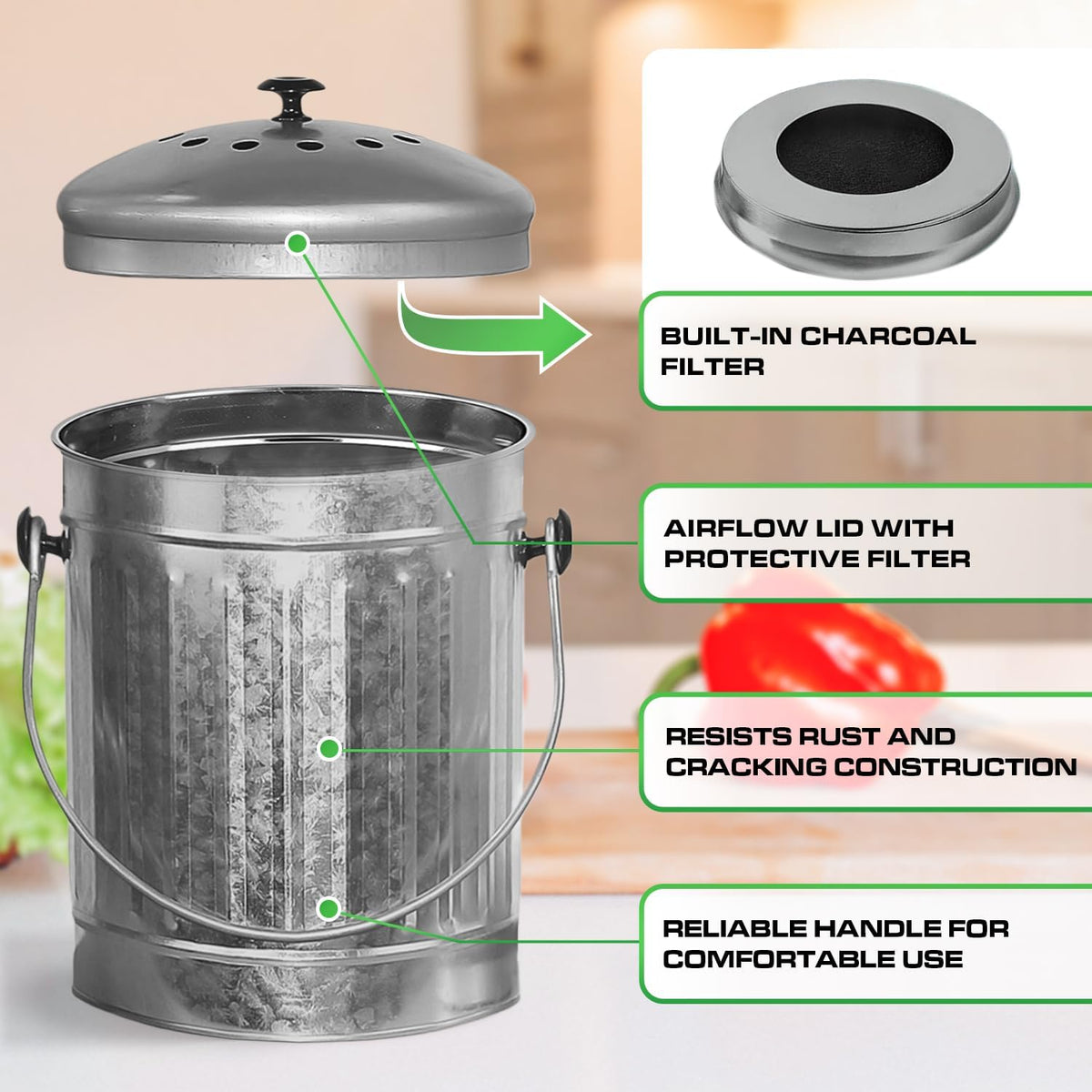 Plexon Countertop Compost Bin Kitchen Indoor, with Lid, Silver 1.5 Gallon Odorless Kitchen Compost