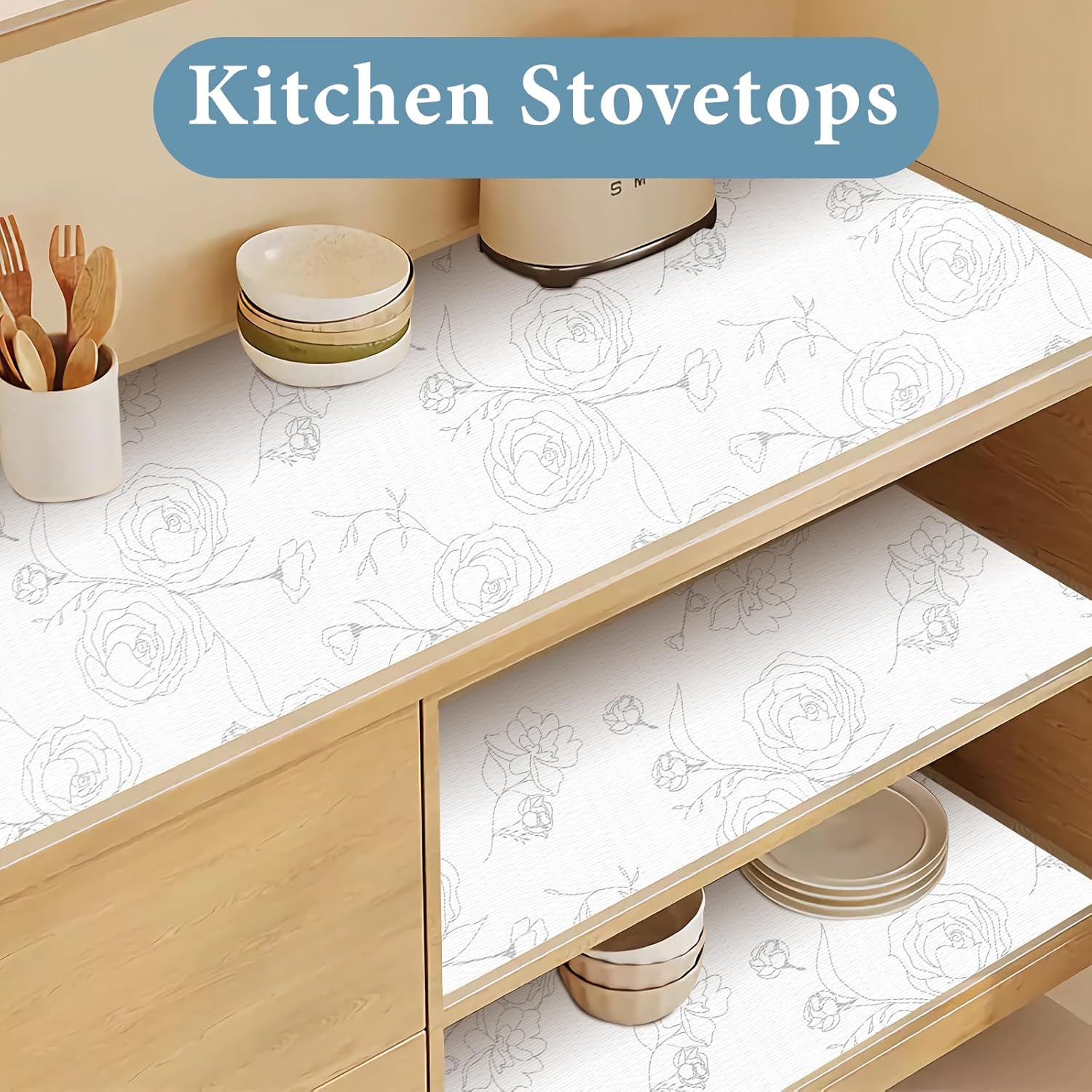 Shelf Liners for Kitchen Cabinets 12in x 30FT Non Adhesive Drawer Liner Sliver Floral Thickened