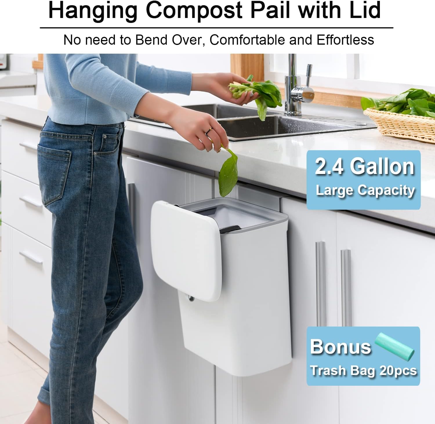Tiyafuro 2.4 Gallon Kitchen Compost Bin for Counter Top or Under Sink, Hanging Small Trash Can with