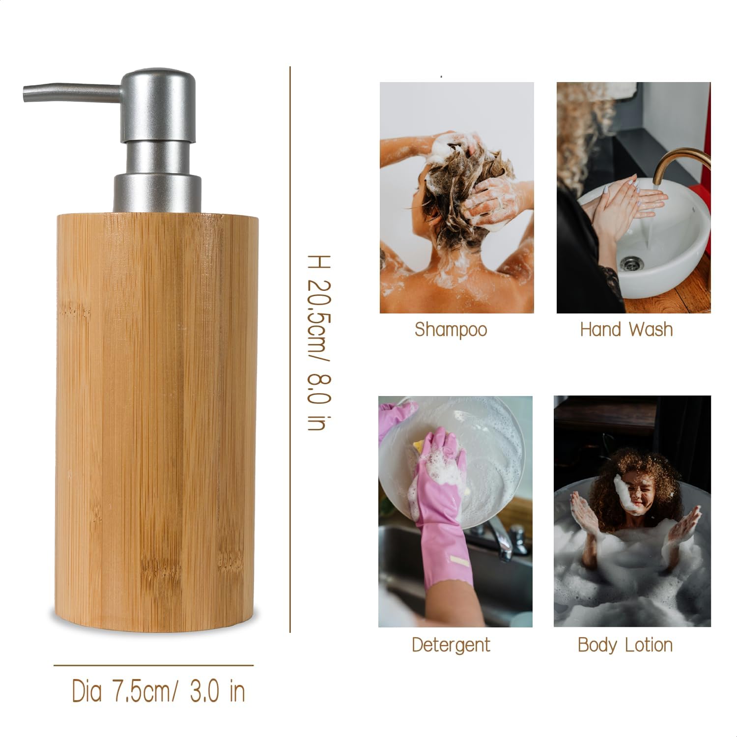2 Pack Natural Bamboo Liquid Soap Dispensers, 10 oz Refillable Bottles with Silver Plastic Pumps