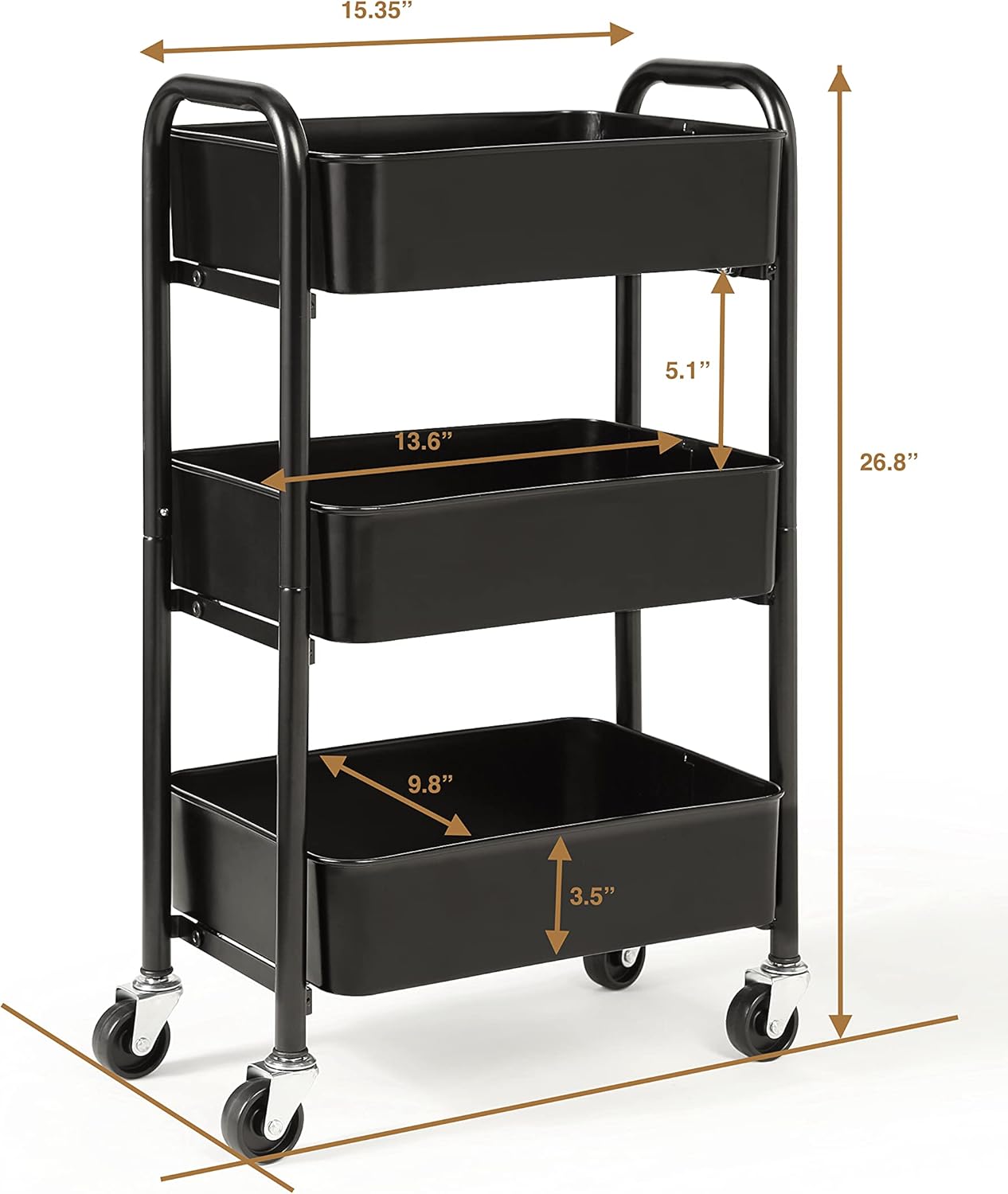 SunnyPoint 3-Tier Delicate Compact Rolling Metal Storage Organizer - Mobile Utility Cart
