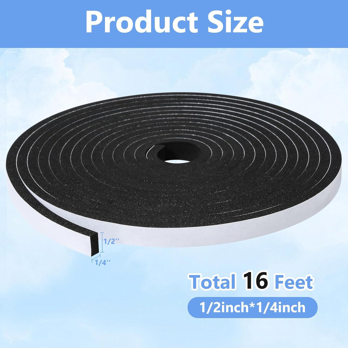 Weather Stripping Door Seal Strip- 1/2 Inch X 1/4 Inch X 16Feet, Strong Adhesive, Lightproof