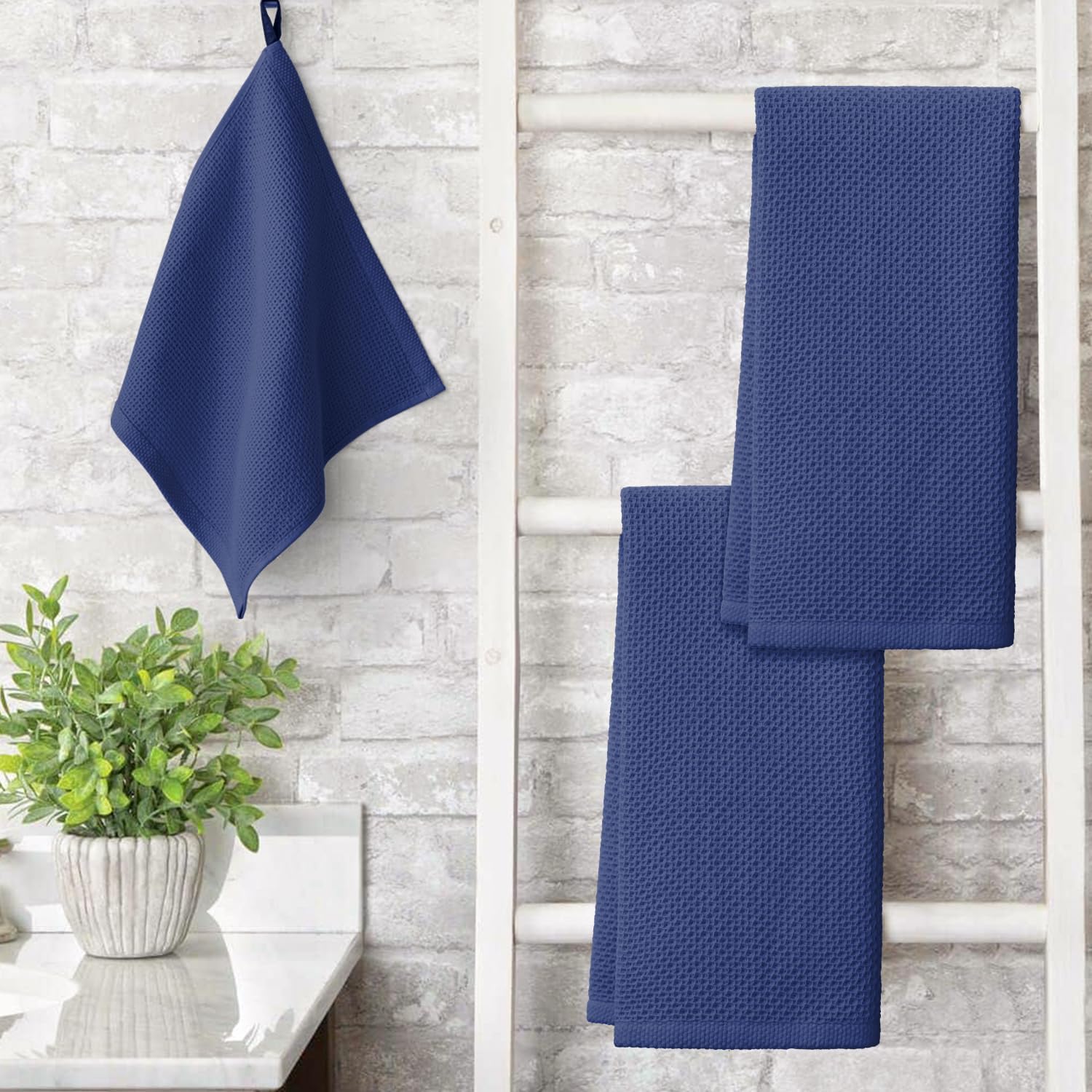 Artoid Mode 100% Cotton Navy Blue Waffle Weave Kitchen Dish Cloths, 13x28 Inch Ultra Soft Absorbent