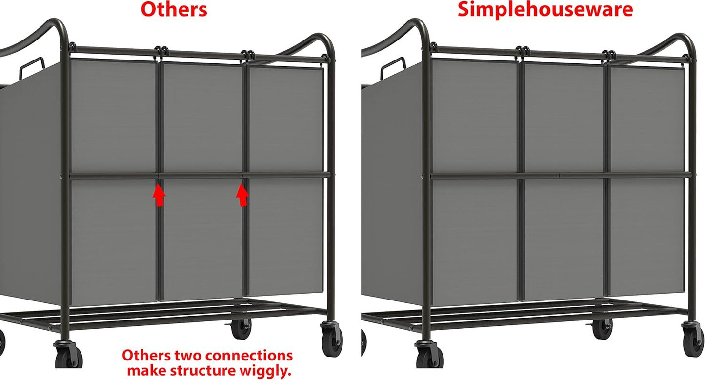 Simple Houseware Heavy Duty 3-Bag Laundry Sorter Rolling Cart, Dark Grey – Durable Triple Laundry