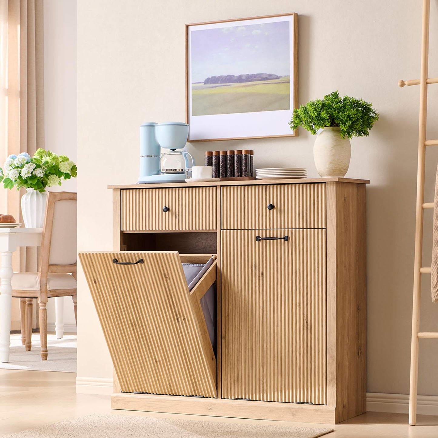 Modern Double Tilt-Out Trash Cabinet, 20 Gallon Fluted Laundry Hamper Cabinet with 2 Drawers