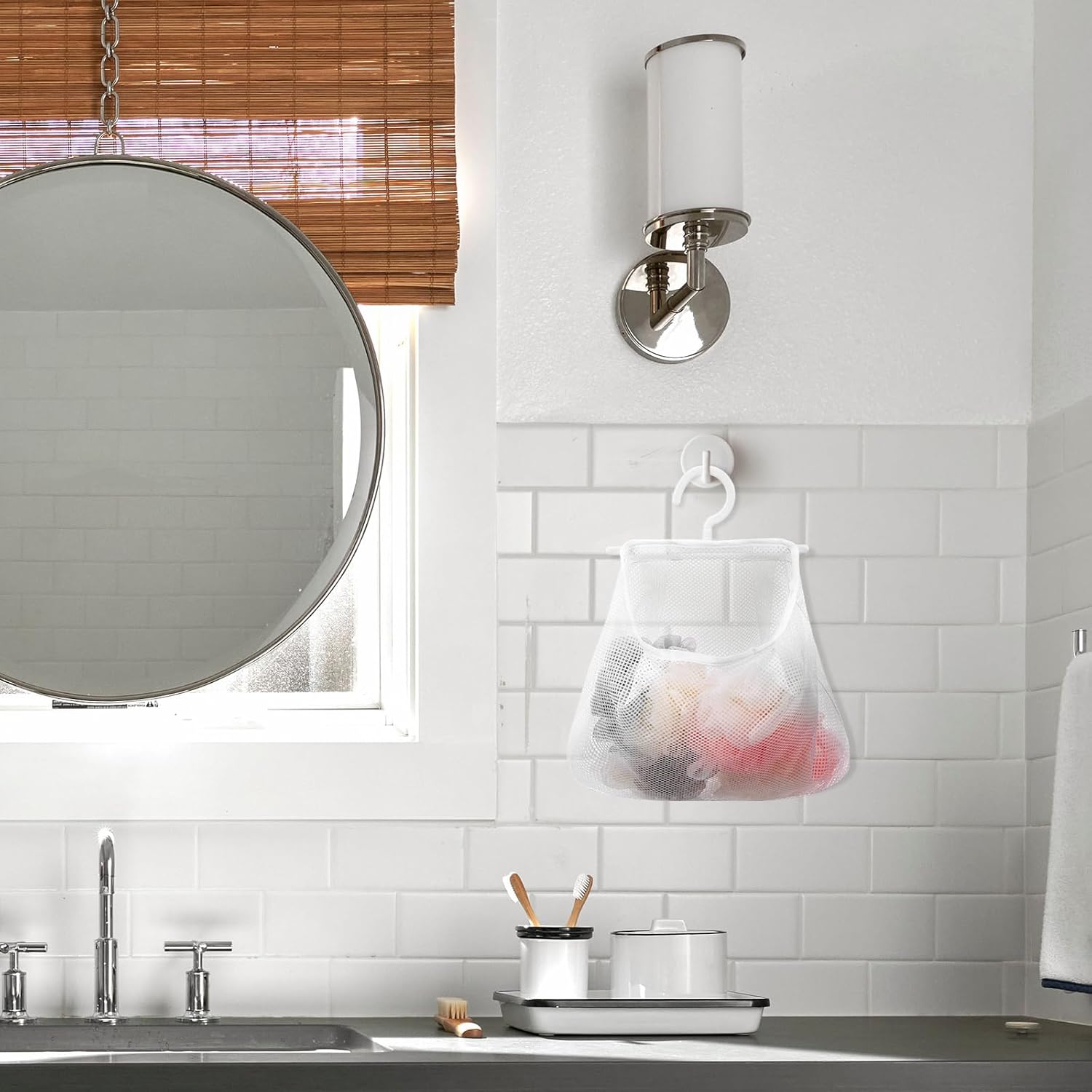Cabilock 2pcs Multi-functional Hanging Mesh Bag Breathable Laundry Storage Bag for Bathroom Kitchen