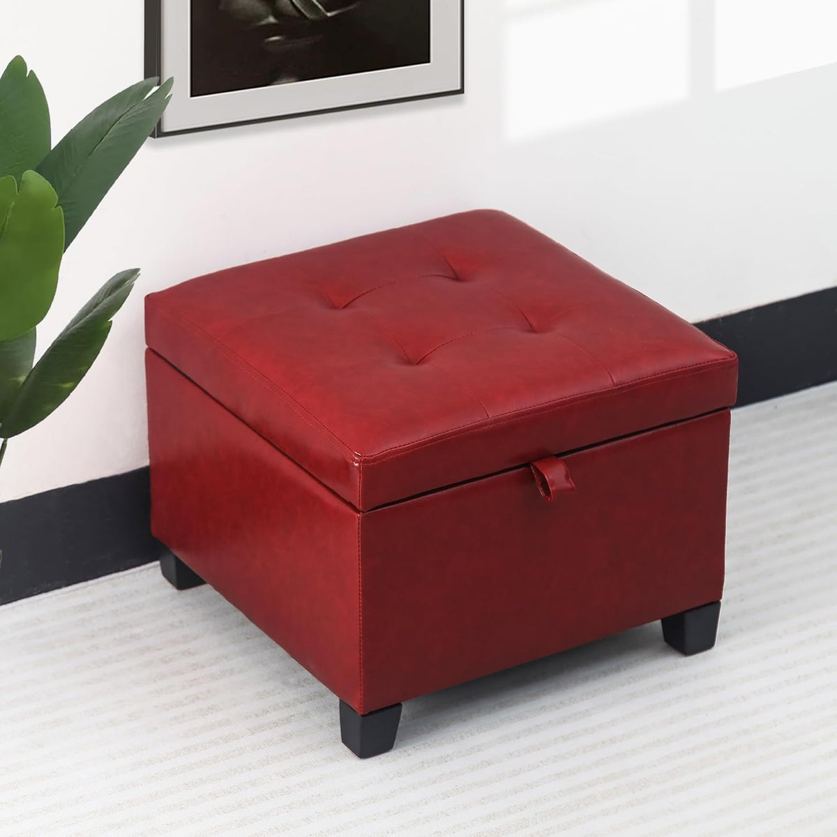 Adeco Faux Leather Storage Ottoman with Hinged Lid, 14 Inch High Red Square Cube Foot Stool with