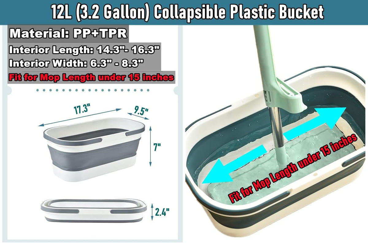 Collapsible Mop Bucket Basin Tub with Handle and Wheels, 12L (3.2 Gallon) Foldable Small Plastic