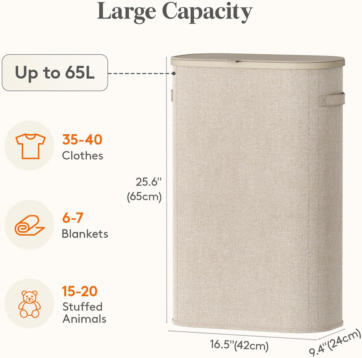 Lifewit 65L Slim Laundry Basket with Lid, Narrow Large Laundry Hamper with Plastic Handles and