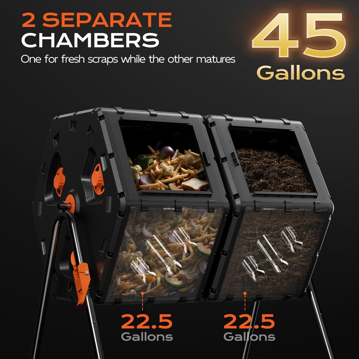 Compost Bin Outdoor 45 Gallon/170L, Fast Assemble Compost Tumbler, 360°Rotating Dual Chamber Large