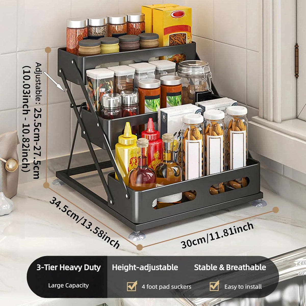 Bokelai Spice Rack 3 Tier Foldable Seasoning Organizer Jars Storage Holder Step Shelf for Cabinet