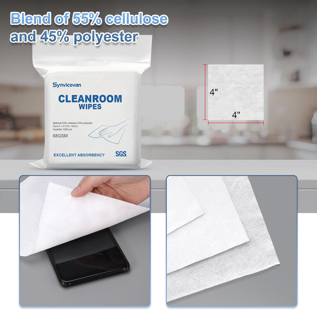 Cleanroom Wipes 4"x4" (1200 Pcs, Cellulose/Polyester Blend, Grade A, 68GSM) Lint Free Wipes for