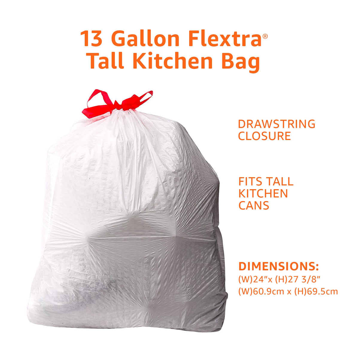 Amazon Basics 13 Gallon Tall Kitchen Drawstring Trash Bags, Flextra Strength, Tear Resistant, 10%