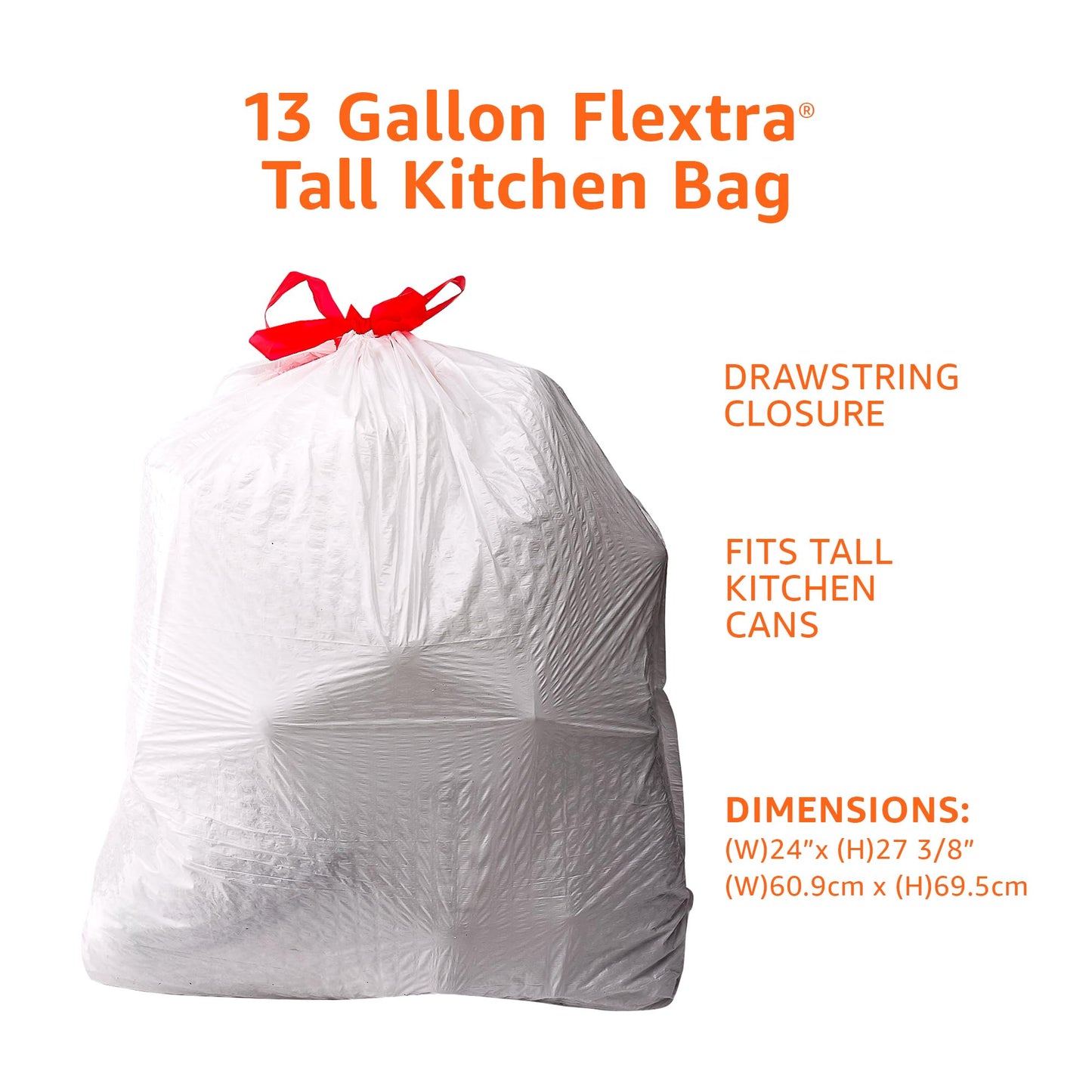 Amazon Basics 13 Gallon Tall Kitchen Drawstring Trash Bags, Flextra Strength, Tear Resistant, 10%