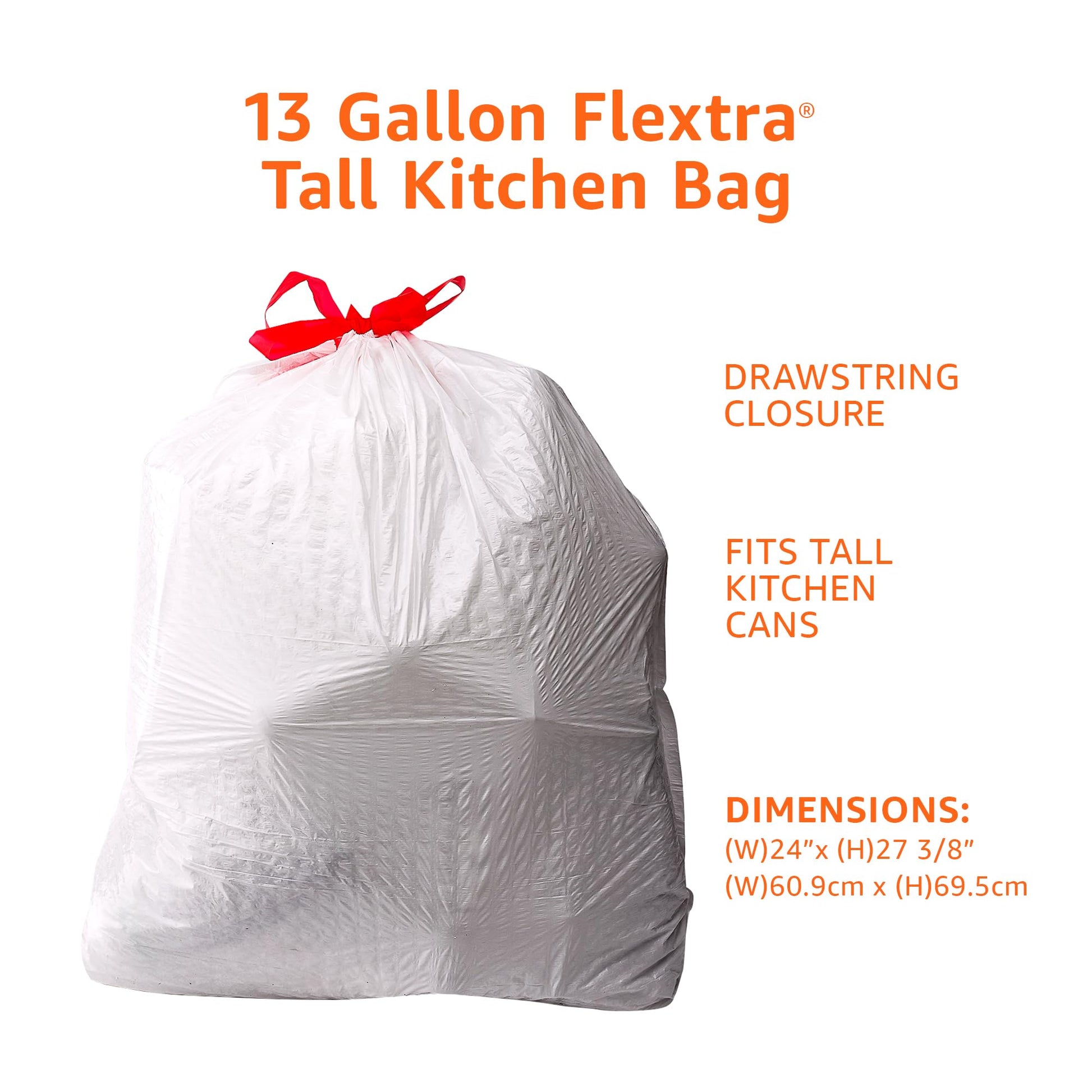 Amazon Basics 13 Gallon Tall Kitchen Drawstring Trash Bags, Flextra Strength, Tear Resistant, 10%