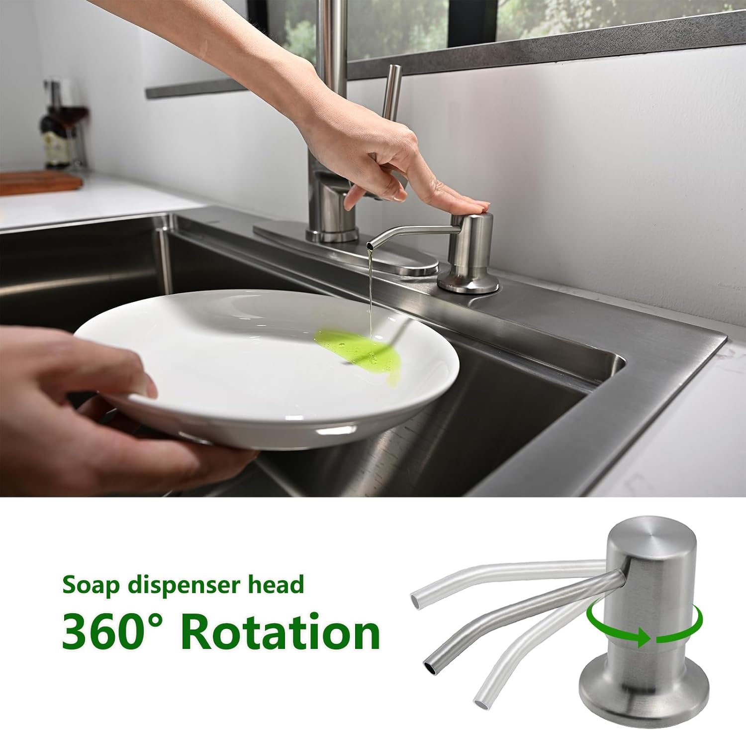 Built in Soap Dispenser for Kitchen Sink, Stainless Steel Brushed Nickel Countertop Pump Head, Dish