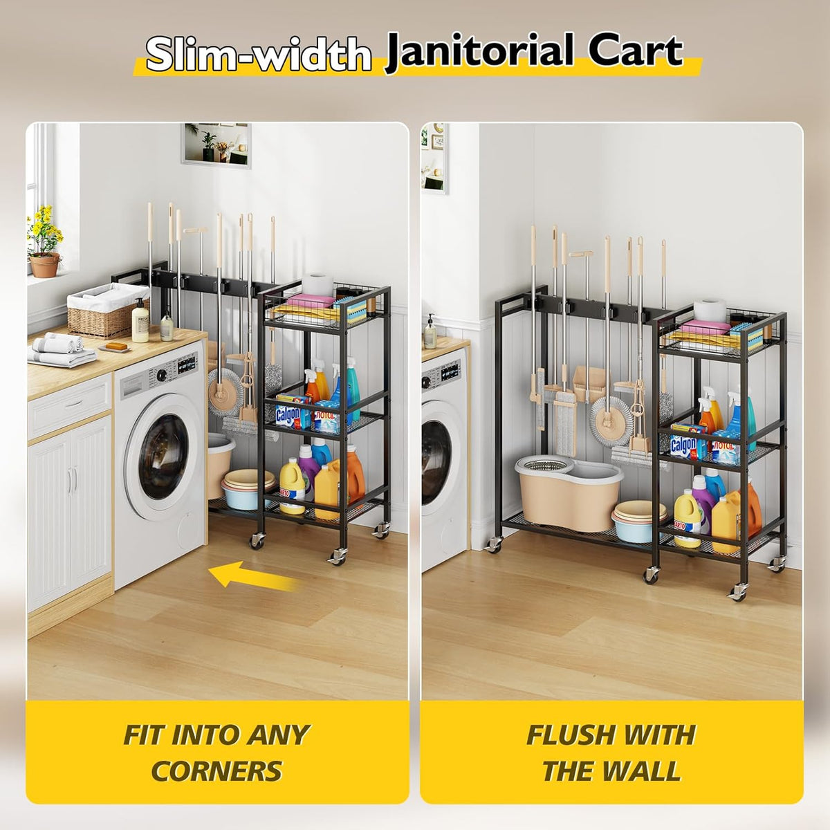 Broom Holder with Cleaning Supplies Organizer, Movable Broom Closet Storage Cabinet with Cleaning